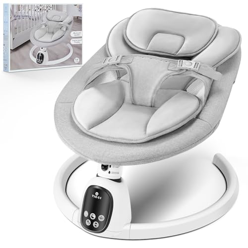 Image of T TICCI Baby Swings for Infants, 5 Speed Bluetooth Baby Bouncer, Motorized Bluetooth Swing, Built-in 3 Timer Settings, Music Speaker, Remote Control, 0-6 Months, Grey