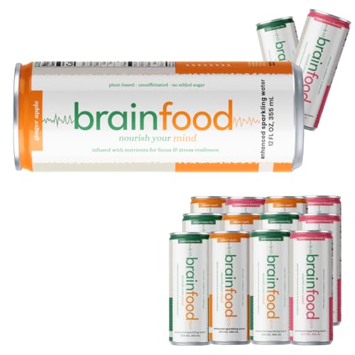 BrainFood Sparkling Water – Nootropic Drink with Nutrients & Antioxidants – Functional Beverage with Real Juice – Caffeine-Free, No Sugar Added, Vegan (12 pack, Variety Pack)