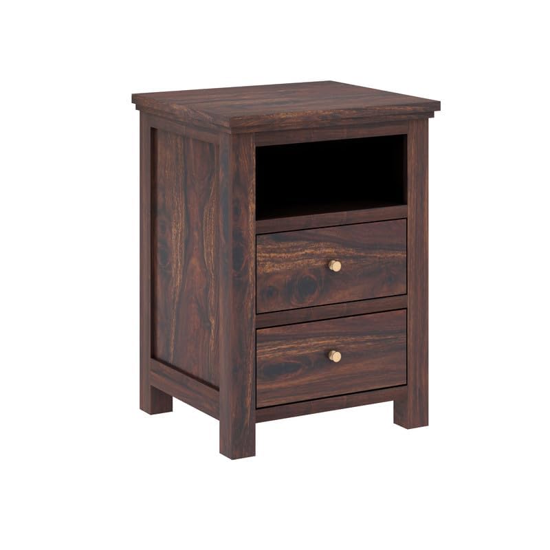 Image of Solid Sheesham Wood Bedside Table with 2 Drawer & 1 Shelf Storage for Bedroom, End Table, Side Table for Living Room (Walnut Finish)