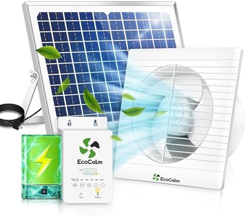ecoCalm Solar Fan with Battery and Adjustable Thermostat, 8" Solar Powered Fans for Shed with 25W Bifacial Solar Panel & Exhaust Fan for Greenhouse/Outside with Anti-backflow Valve