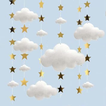 11Pcs 3D Cloud Decoration Hanging Clouds from Ceiling Classroom White Felt Clouds Ornaments with Stars Garland for Bedroom Nursery Wall Birthday Baby Shower Party