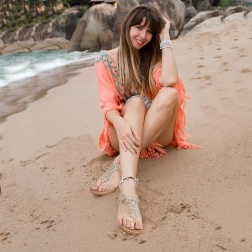 Image of iCKER Women Rhinestone Sandals T-Strap Buckle Bohemian Pearl Crystal Flat Sandals
