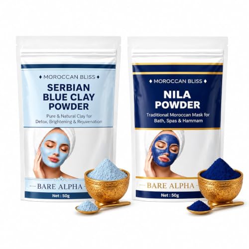 Image of Moroccan Nila Powder For Face - 100% Natural Blue Powder for Skin Brightening, Tan Removal & Detox | Traditional Moroccan Hammam Beauty Treatment For Face & Body Care (50g + 50g (Nila + Serbian))
