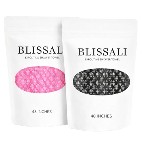 BLISSAL Exfoliating Shower Towel, Exfoliating Body Scrubber Bath Towel for Shower, Deep Cleansing, Remove Dirt, Oil & Dead Skin, Quick Dry Body Towel for Men & Women, 48 Inch, Pink & Black, 2 Pack