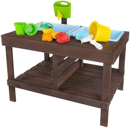 WONKAWOO Sand and Water Table for Toddlers | Outdoor Wooden Sensory Sand Table with 2 Plastic Bins, Built-in Water Tap and Beach Toys Included | Sand & Splash Oasis™ Standing Play Activity Table