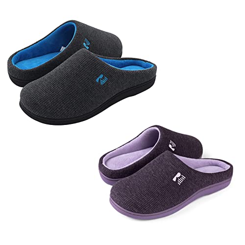RockDove Set of 2 Pairs - Men's Original Two-Tone Memory Foam Slipper (Size 9-10 Men, Dark gray) Women's Original Two-Tone Memory Foam Slipper (Size 7-8 Women, Eggplant)