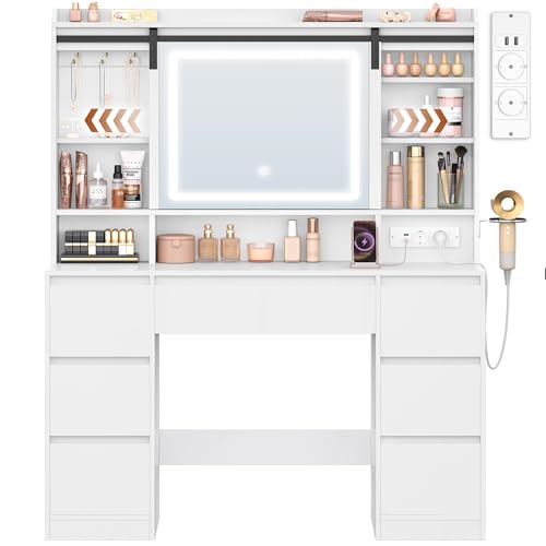 HEXCELEN Tocador con Luces LED, 3 Colores, Tocador de Maquillaje con Espejo, Mesa de Maquillaje, Regleta Eléctrica, 7 Cajones, Compartimentos Abiertos, 40 × 108 × 148,6 cm, Blanco