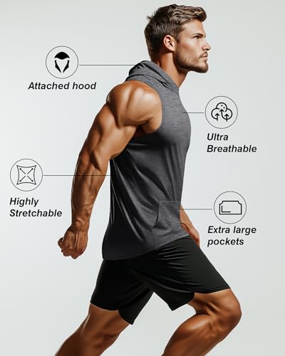 3 Pack Men's Big & Tall Workout Hooded Tank Tops, Cotton Sleeveless Gym Hoodies Bodybuilding Muscle Cut Off Shirts4