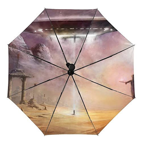 UFO Parapluie de voyage 3 plis avec ouverture automatique et fermeture automatique, coupe-vent, imperméable, anti-UV, impression intérieure Cover