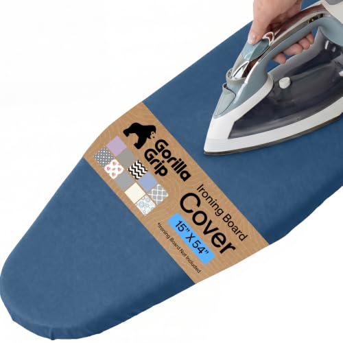 Image of GORILLA GRIP Ironing Board Cover, Silicone Coating, 400F Scorch and Stain Resistant with Thick Padding, Fits Over Standard Size Boards, Heavy Duty Hook and Loop Fastener Strap, Navy 15x54