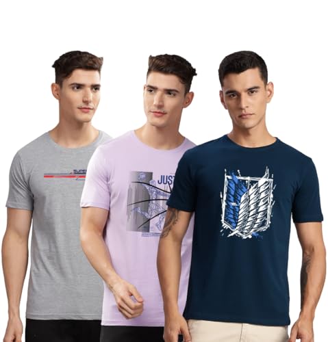 Image of ADRO 100% Cotton Lycra Tshirts for Men Combo Pack of 3 | Regular Fit | Printed T Shirt | Round Neck Half Sleeve| Mens Tshirts