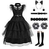 CANBERRIES Halloween Mittwoch Kostüm Mädchen Peter Pan Kragen Midikleid Schwarz Cosplay Kleid Mittwoch Familie Kleid Hexenkostüm verkleiden(120, Schwarz) (Schwarz, 140)