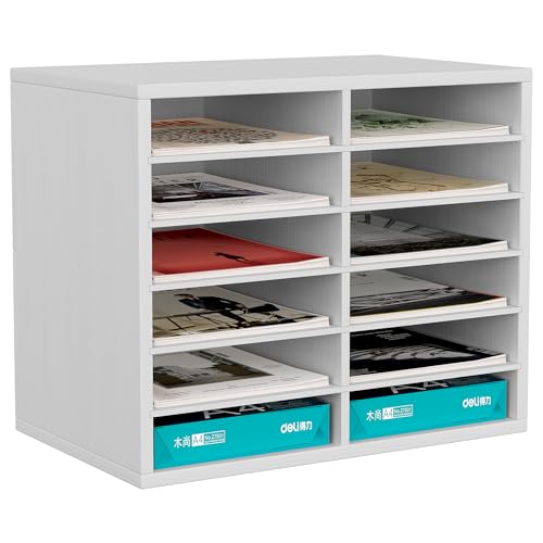 EasyPAG 12 Fächer Holz A4 Büro Schreibtisch Organizer Dokumentenhalter Aktenablage Zeitschriftenhalter Briefablage Papier Magazin Organisator,Weiß