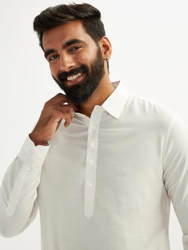 Image of VASTRAMAY Men Solid Cotton Pathani Kurta with Shirt Collar and Full Sleeves White | Festive Ethnic Outfit