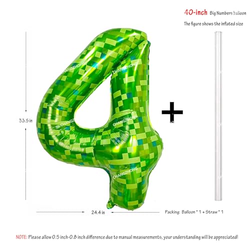 Image of 40 inch giant Green pixel miner game number 4 balloon | Large mining theme foil balloon 0-9 for pixel game parties children's birthdays party anniversary baby shower decoration