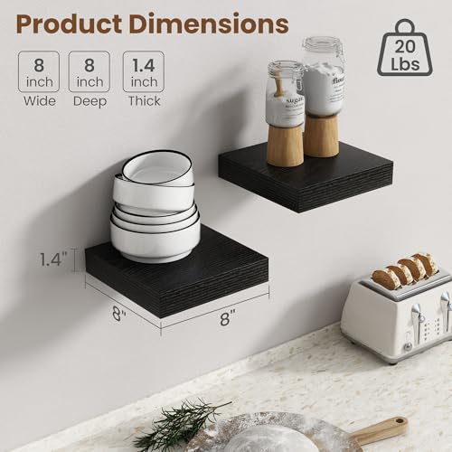 Image of Axeman Square Floating Shelves for Wall, 8 inch W x 8 inch D x 1.4 inch H Rustic Wooden Wall Shelves, 4 Pack Wall Mounted Floating Shelf with Invisible Brackets for Living Room, Bathroom, Kitchen, Black Color