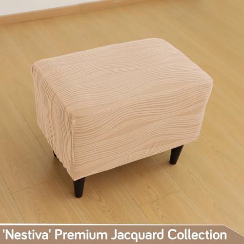 Image of HOKIPO Premium Knitting Jacquard 200 GSM Stretchable Footstool Cover, 'Nestiva Series' Blush Beige (AR-6236-BGE)