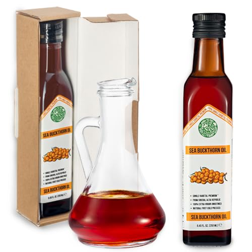 Aceite de Espino Amarillo Verde Siberiano – 250 ml Aceite de Fruta Hippophae Monovarietal, Virgen Extra Sin Refinar, Prensado en Frío