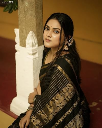 Image of South Cotton Gadwal Saree for Women | Celebrity Inspired Traditional Ethnic Wear | Chettinad & Kalyani Cotton Sarees | Soft Cotton Saree with Blouse Piece | Black