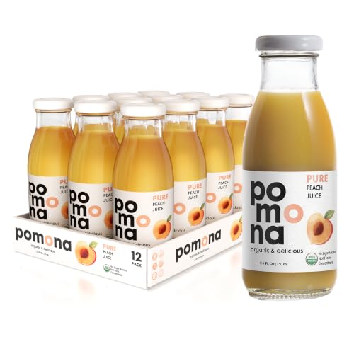 Image of Pomona Organic Peach Juice (Pack of 12), Cold Pressed USDA Organic Juices, 100% Peaches, No Added Sugar, Not From Concentrate, Vegan, Kosher, Non GMO, Pasteurized, 8.4 oz Glass Bottles
