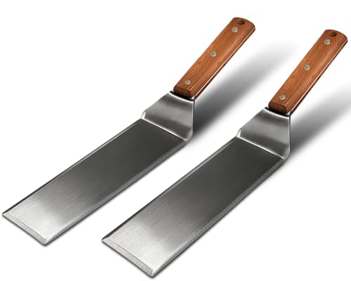 Extra Long Metal Griddle Spatula Set of 2- Wooden Stainless Steel Smash Burger Spatula, Grill Accessories for Blackstone,BBQ Grill Tool w/Full Tang Wooden Handle & Beveled Edges for Flat Top Grilling