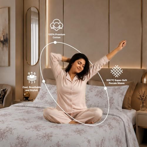 Image of Jaipur Weaves Cotton King Size Bedsheet 108x108 Super King, 100% Pure Cotton Bed Sheet with 2 Pillow Covers, 300 TC Soft Breathable Floral Design Bedding (Brown Meadows, Super King)