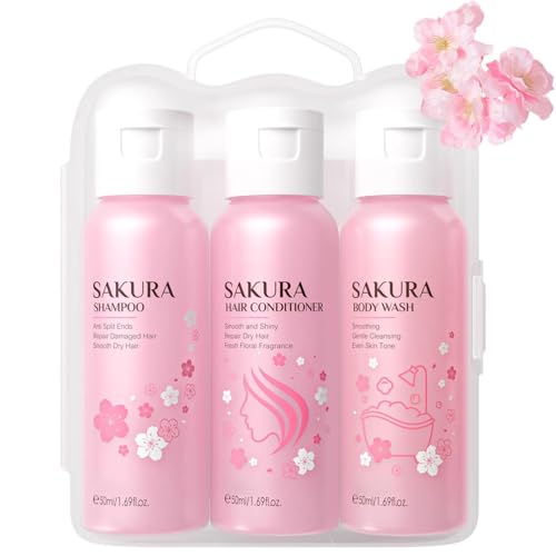 Sakura - Set regalo doccia da donna, kit 3 in 1 per bagno e cura dei capelli, shampoo, balsamo, bagnoschiuma