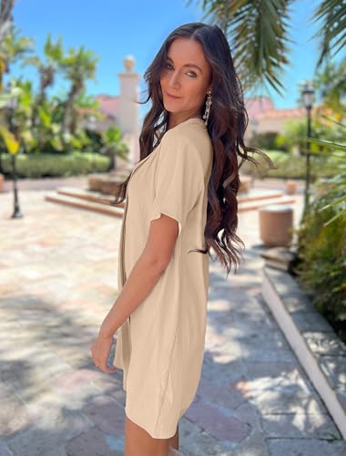 Image of Halife Women's Swimsuit Cover Up Shirt V Neck Short Sleeve Bathing Suit Coverups Summer Beach Cover Ups