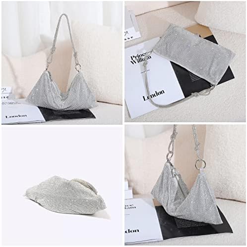 Rhinestone Crossbody Bag for Women Silver Clutch Bag, Shiny Crystal Dinner Party Wedding Purses Handbag, Female Underarm Diamante Shoulder Bags for Wedding Prom Cocktail Party Evening Bag