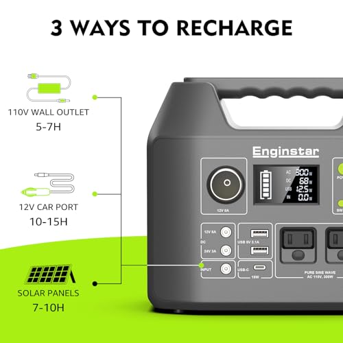 Image of EnginStar Solar Generator, 300W Portable Power Station, 296Wh Lithium Battery Backup w /Two 110V Pure Sine Wave AC Outlet for Camping Road Trip RV, 80000mAh Sufficient Power Supply for Blackout