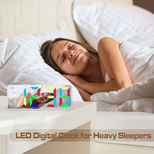 Image of Digital Alarm Clock, Mirror Surface LED Electronic Clocks Large Display, Adjustable Brightness, Dual Power Supply, Snooze Model for Bedroom, Desk, Office (White Case + Dynamic Digit)
