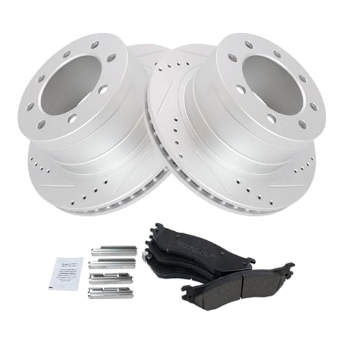 Image of TRQ Rear Brake Pad and Rotor Set Ceramic G Coated Drilled Slotted Vented Rotors Compatible with 2006-2008 Dodge Ram 1500 2003-2008 Ram 2500 Ram 3500