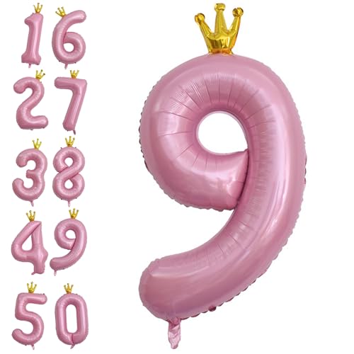 DELUXEFOX 誕生日 バルーン 数字 大きい 40インチ 9歳 誕生日 飾り付け バルーン 誕生日 数字 風船 女の子 男の子 大人 王冠付き 飾り付け 結婚式 パーティー 記念日 ウェディング (ピンク)