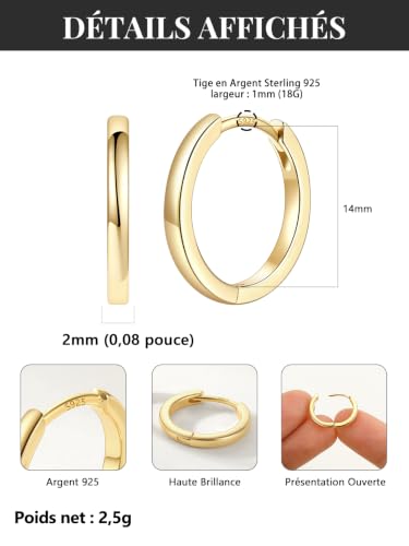 Silvora Boucles d'Oreilles Petite Créole Plaqué Or Femme Homme Anneau 14 MM – vue 5