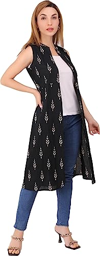 Image of Women Indo Western Floral Printed Ethnic Long Cotton Sleeveless Open Front Plus Size New Shrug Fancy Ladies Summer Cardigan Dress Bolero Jacket Clothing Online