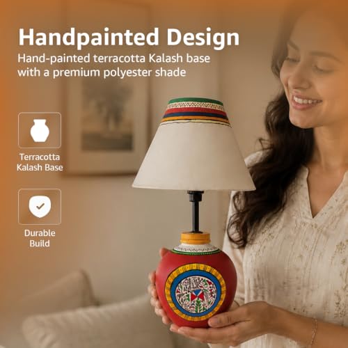Image of Amazon Basics Warli Whispers Red Table Lamp | Hand-Painted Terracotta Kalash Base with Polyester Shade | E14 Holder | Decorative Night Lamp for Bedroom, Living Room & Study Room | Home Decor Gift