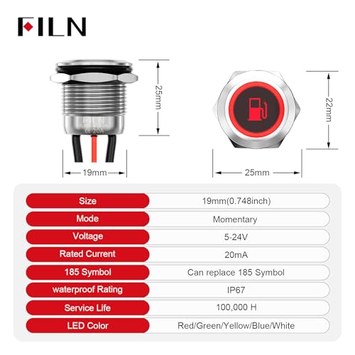 Image of 2PCS 19mm LED Momentary Push Button Switch 12V 24V IP67 White | Stainless Steel 20A with 185 Replaceable Symbols Marine Boat, Engine Start, Horn, Momentary Control