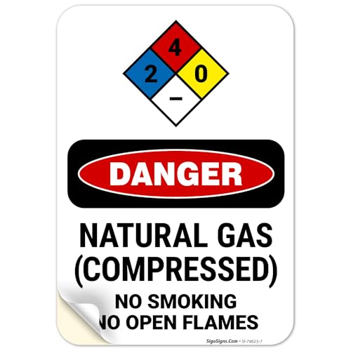 Danger Natural Gas Compressed No Smoking No Open Flames OSHA Sign, 10x7 Inches, 4 Mil Vinyl Decal Stickers Weather Resistant, Made in USA