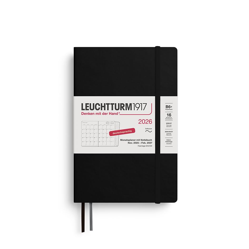LEUCHTTURM1917 372609 Monthly Planner & Notebook Paperback (B6+) 2026, 16 Months (01 November 2025-28 February 2027), Softcover, Black, German