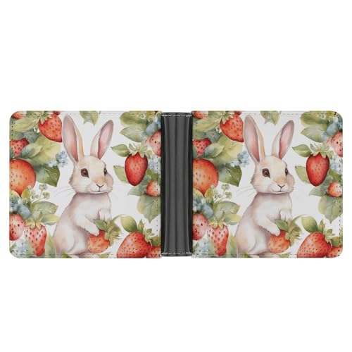 Men's Leather Wallet Bifold Wallet for Men Rabbit Holding Strawberry Slim Wallet with Multiple Card Classic Passcase Mens Card Holder