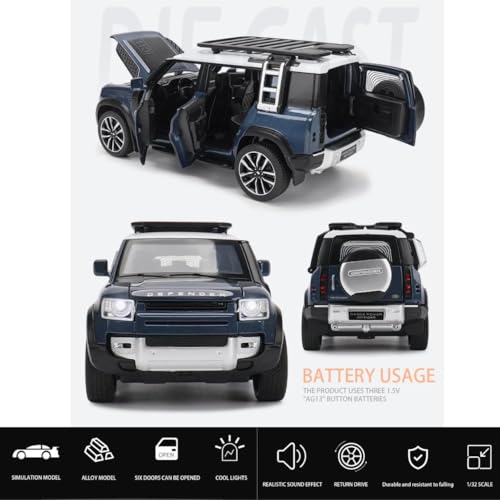 Image of 1:32 Scale Land Rover Defender Model Car - Exclusive Alloy Metal Pullback Toy with Openable Doors, Lights, and Music for Kids (Blue)