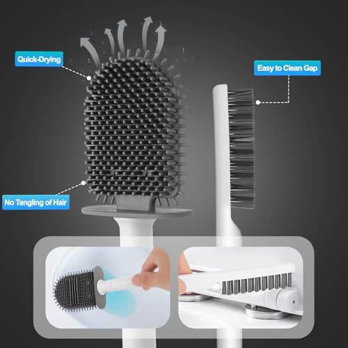 Image of Toilet Brush and Holder-Flexible Toilet Bowl Brush Head with Silicone Bristles, Wall Mounted Nail-Free Installation, Multifunctional Gap Brush, Ventilation Slots Base (2 Pack, Wood)
