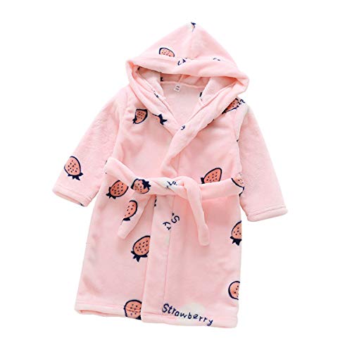 TOLLION Toddlers Boys Girls Hooded Robe Soft Fleece Bathrobe Pajamas Dressing Gown Sleepwear(Pink Strawberry,2T)