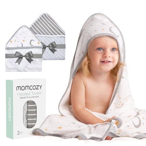 Image of Momcozy Hooded Baby Towel, 2 Pack Baby Bath Towel with Large 35 X 35 Inch, Super Soft Cotton and Hooded Towel for Newborn, Toddler and Kid, Starry Sky