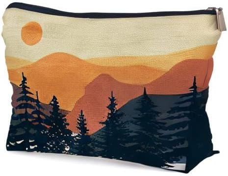 Miniatura 6 de Bolsa de cosméticos bohemia abstracta con diseño de montañas y amaneceres y atardecer, elegante estilo cálido, decorativo, bolsa de maquillaje para
