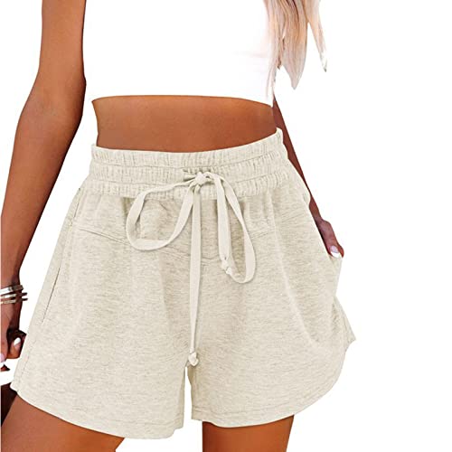 Qunpiu Women's Casual Summer Sweat Shorts Athletic Gym Short Pants Loose Hiking Running Jogger Sweatpants With Pockets Beige #TOP2