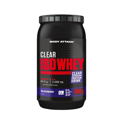 Body Attack Clear Iso Whey – Blackberry, 900 g, fabricado en Alemania, aislado de proteína de suero de suero de leche, 24 g de proteína y 11.400 mg de EAA por batido de suero iso, sin azúcar ni grasa