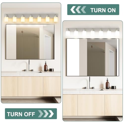 Image of IZORRO Bathroom Vanity Light Fixture, 7-Light 52 inch Brushed Nickel Bathroom Light Fixtures Over Mirror, with White Glass Shade, Modern Farmhouse Vanity Lights, Rustic Restroom Lighting Fixtures
