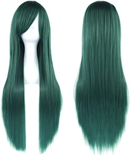 IMISSU 80cm Long Straight Natural Hair Cosplay Wigs with Bangs Colorful Halloween Costume Party Wig for Girl (Dark Green)