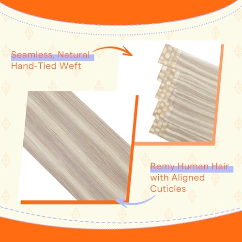Image of Full Shine Hand Tied Tape in Hair Extensions,Real Human Hair,Color 18 /613 Ash Blonde Highlights,40g 20Pcs 14 Inch,Double Sided Invisible Skin Weft Hair Extensions,Office Friendly